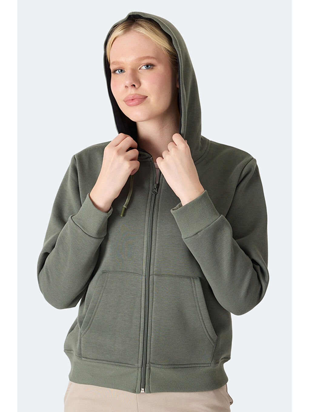MILIO I Kadın Fermuarlı Kapüşonlu Cepli Haki Sweatshırt-3