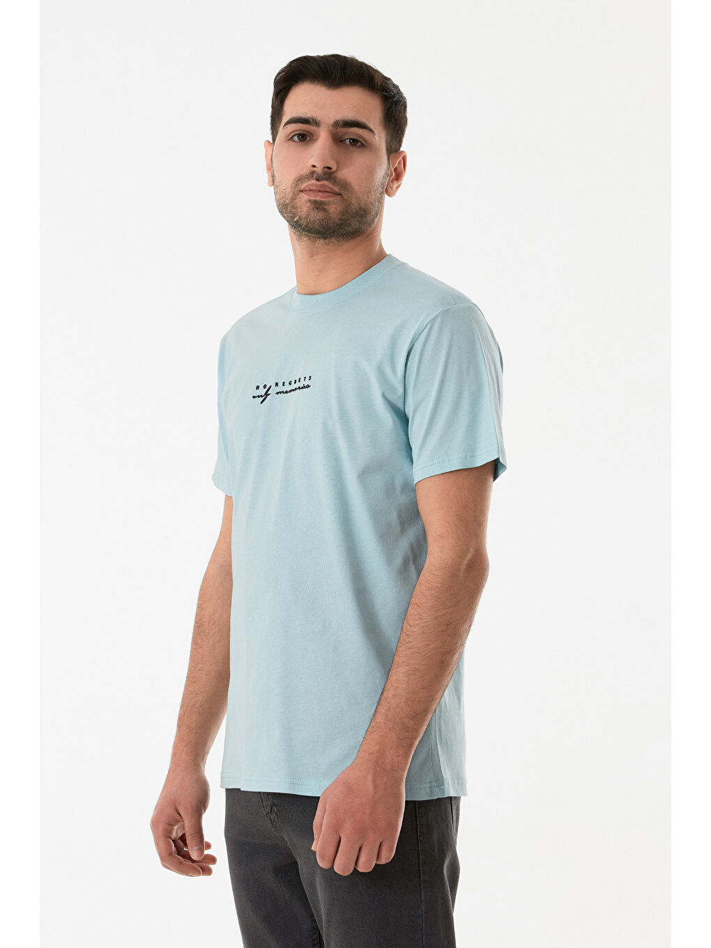 Mavi Kabartma Baskılı Bisiklet Yaka Tişört-2