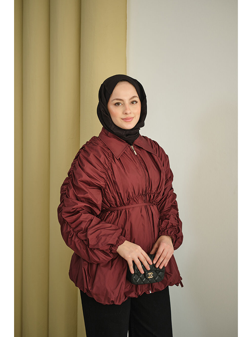 Kadın Büzgü Detay Paraşüt Ceket Bordo-3