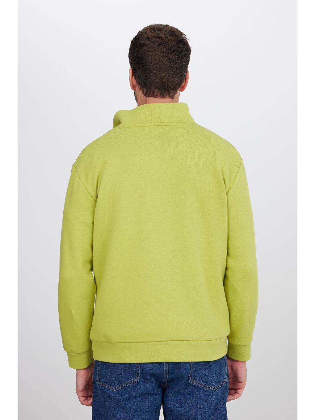 Unisex Relax Fit Rahat Kesim Pamuklu İçi Polarlı Yarım Fermuarlı Yeşil Dik Yaka Sweatshirt-6