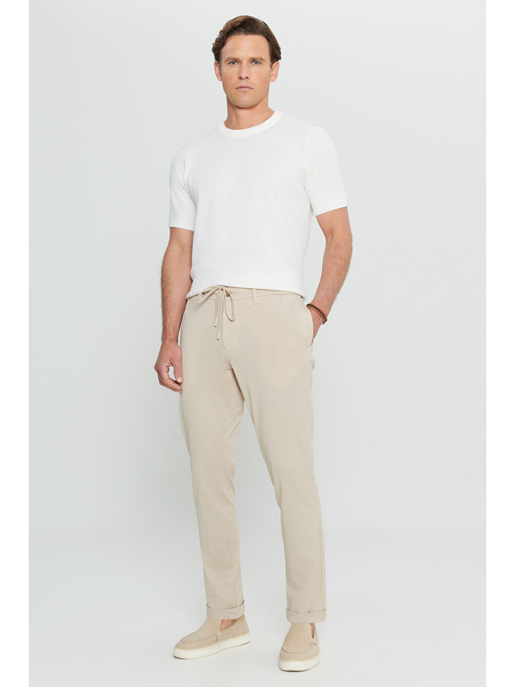Erkek Bej Pamuklu Slim Fit Dar Kesim Beli Bağlamalı Yan Cepli Esnek Pantolon-2