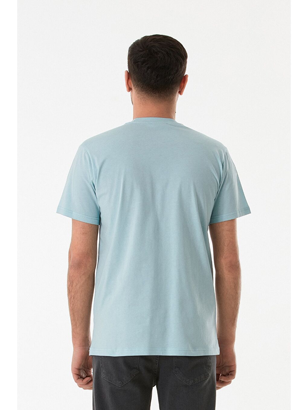 Mavi Kabartma Baskılı Bisiklet Yaka Tişört-3