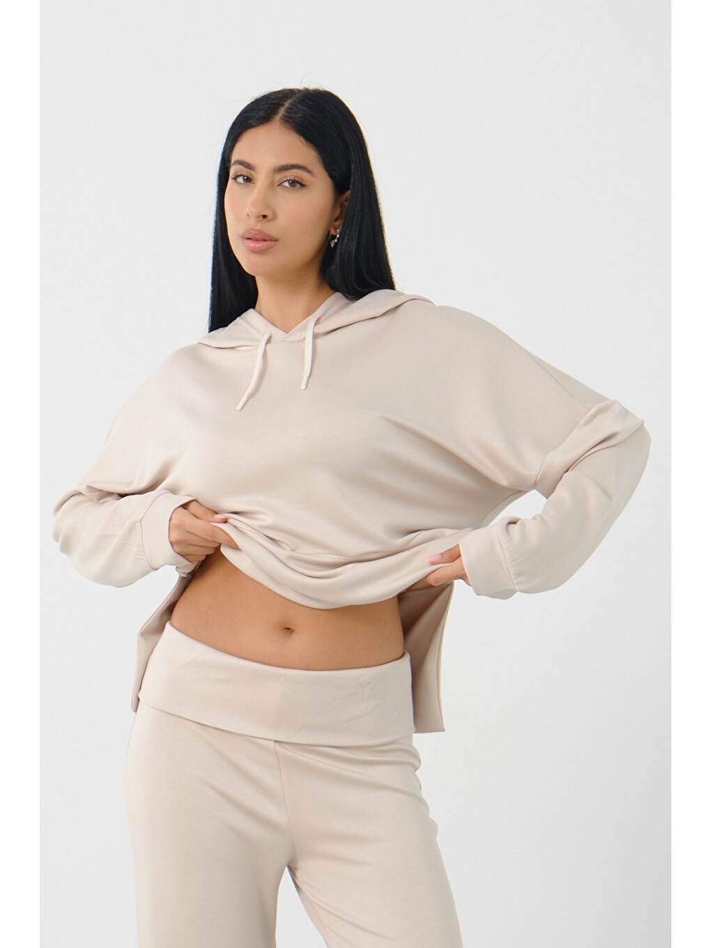 Bej Taş Kadın Kapüşonlu Salaş Takım Oversize Sweat ve Geniş Paça Alt-2