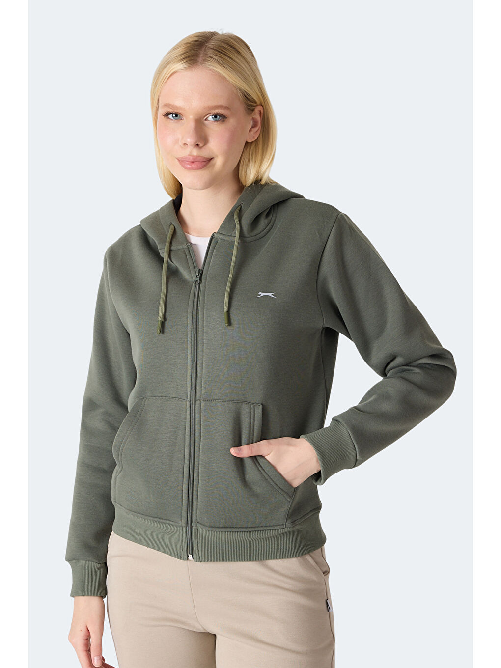 MILIO I Kadın Fermuarlı Kapüşonlu Cepli Haki Sweatshırt-5