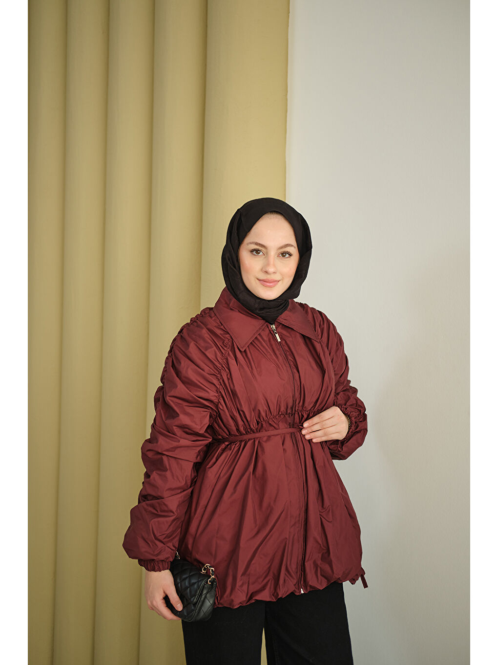 Kadın Büzgü Detay Paraşüt Ceket Bordo-4