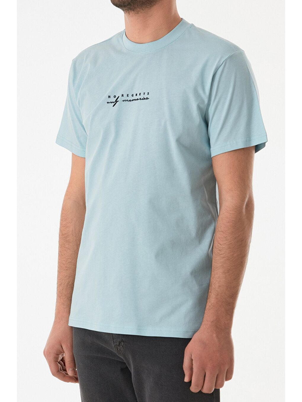 Mavi Kabartma Baskılı Bisiklet Yaka Tişört-4