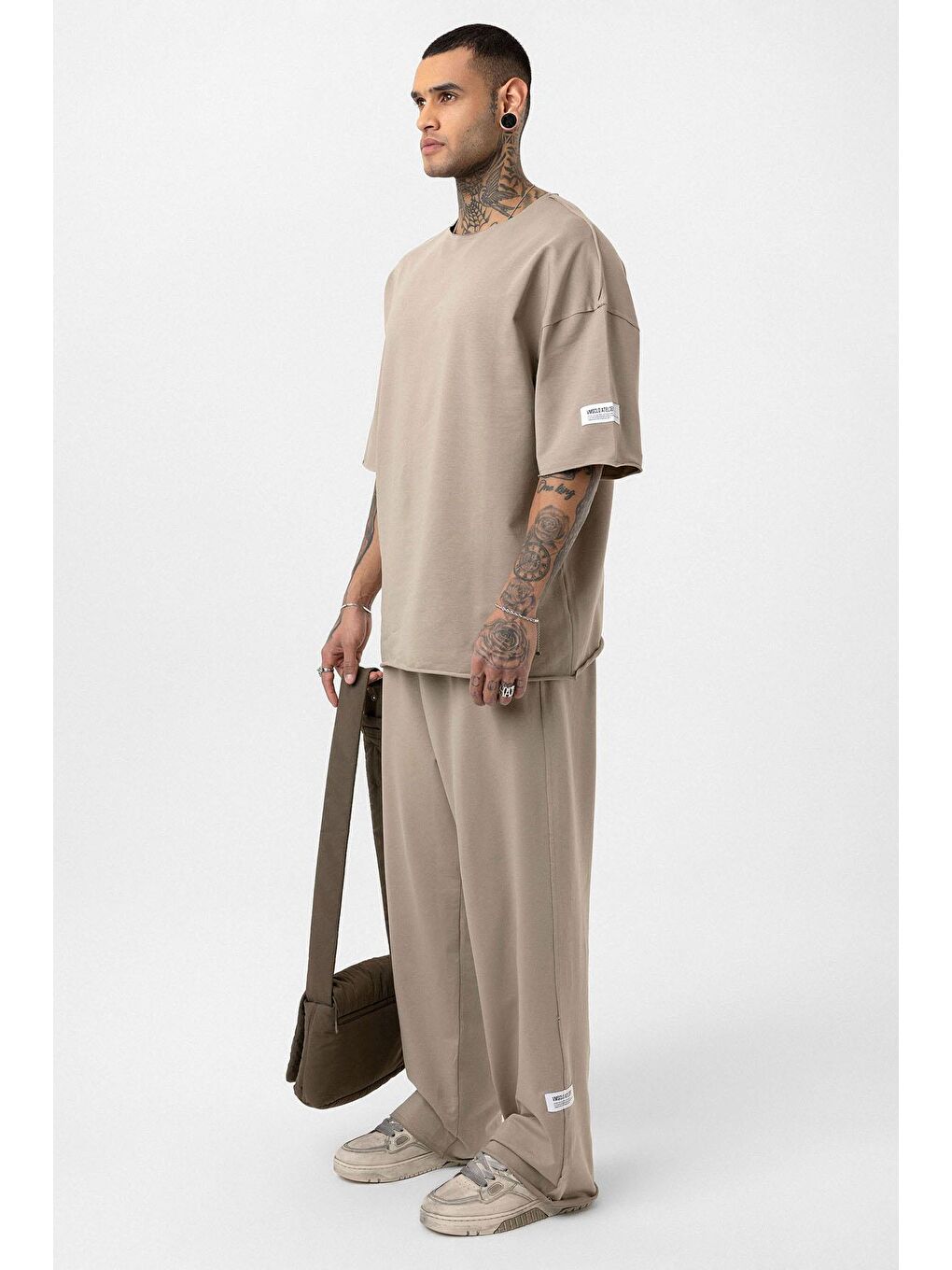 Bej Etiket Detaylı Oversize Eşofman Takım Vizon-2