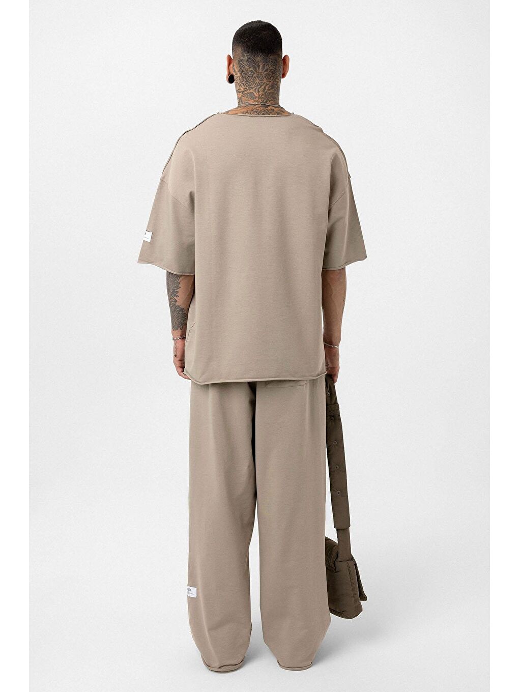 Bej Etiket Detaylı Oversize Eşofman Takım Vizon-3