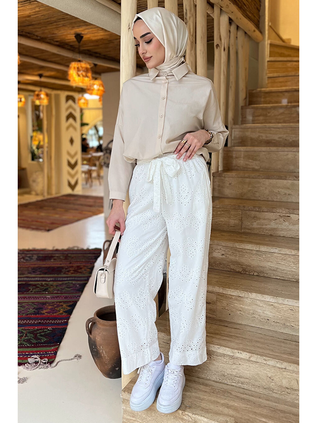 Ekru Kadın Yüksek Bel Fistolu Bel Lastikli Kuşaklı Pantolon-2