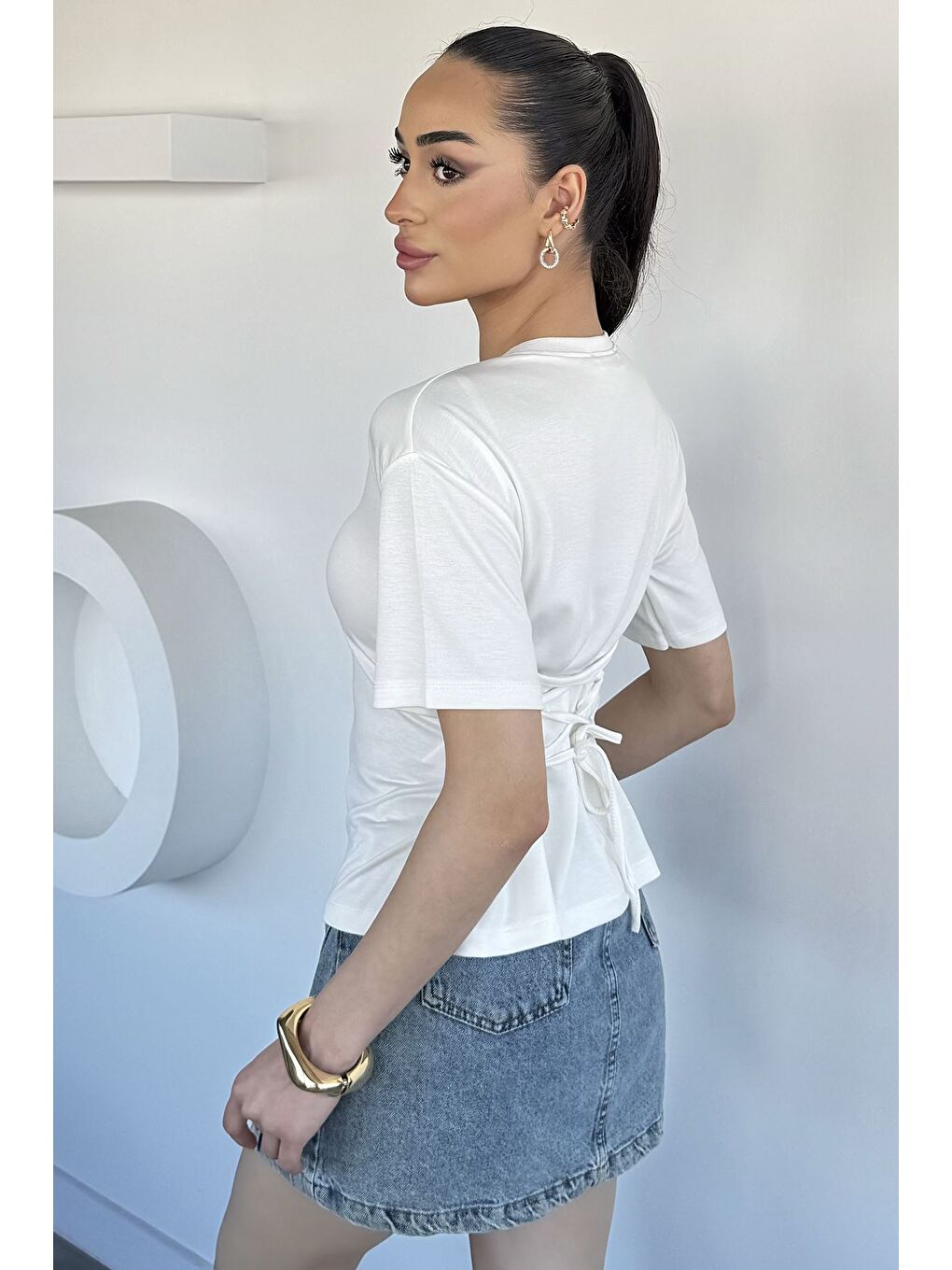 Ekru Kadın Bisiklet Yaka Bel Bağlama Detaylı Bluz