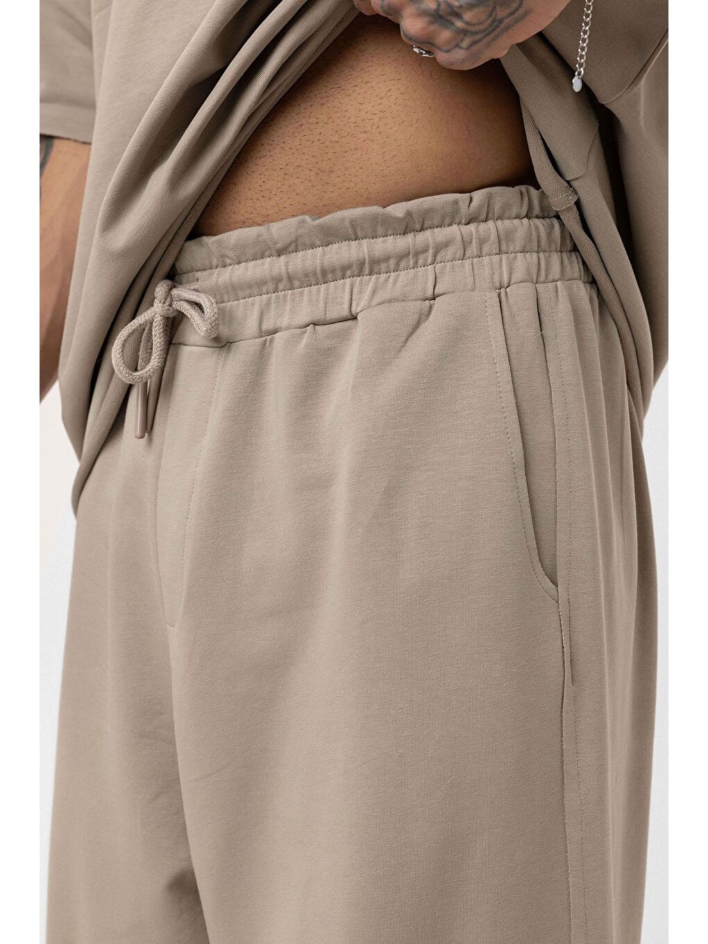 Bej Etiket Detaylı Oversize Eşofman Takım Vizon-8