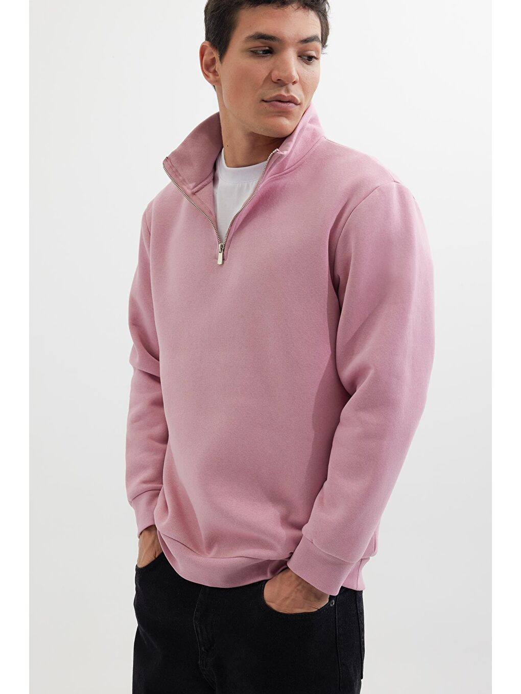 Unisex Relax Fit Rahat Kesim Pamuklu İçi Polarlı Yarım Fermuarlı Lila Dik Yaka Sweatshirt-1