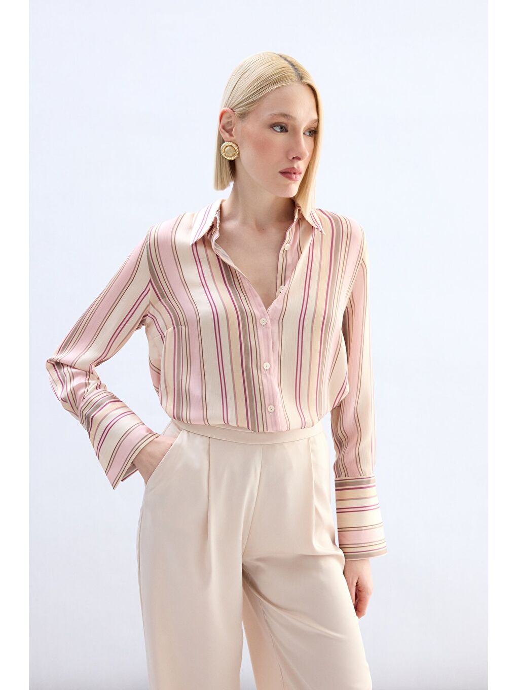 Pembe Renkli Çizgili Gömlek - Pudra-2