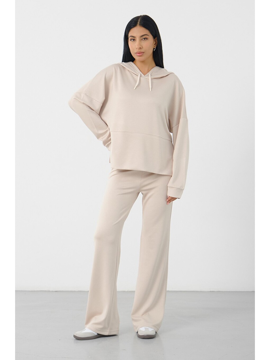 Bej Taş Kadın Kapüşonlu Salaş Takım Oversize Sweat ve Geniş Paça Alt-3