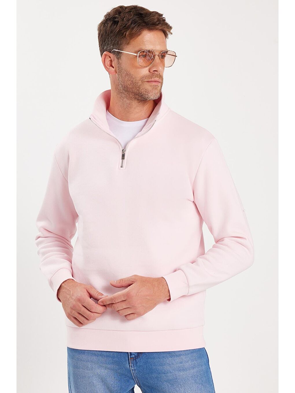 Unisex Relax Fit Rahat Kesim Pamuklu İçi Polarlı Yarım Fermuarlı Pembe Dik Yaka Sweatshirt