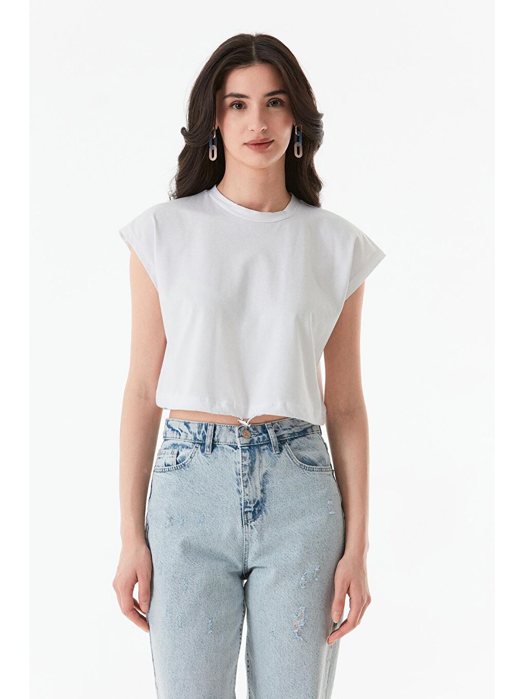 Beyaz Basic Bisiklet Yaka Stoperli Crop Tişört-2