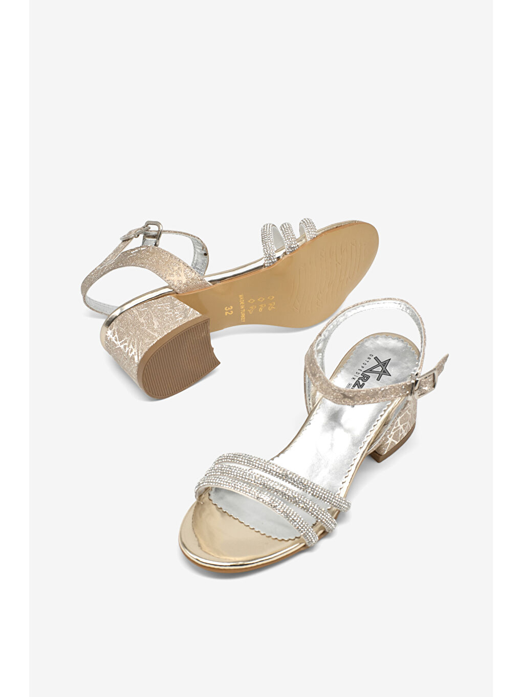 Sarı Kız Çocuk Altın Simli Çoçuk Taşlı Topuklu Ayakkabı-3