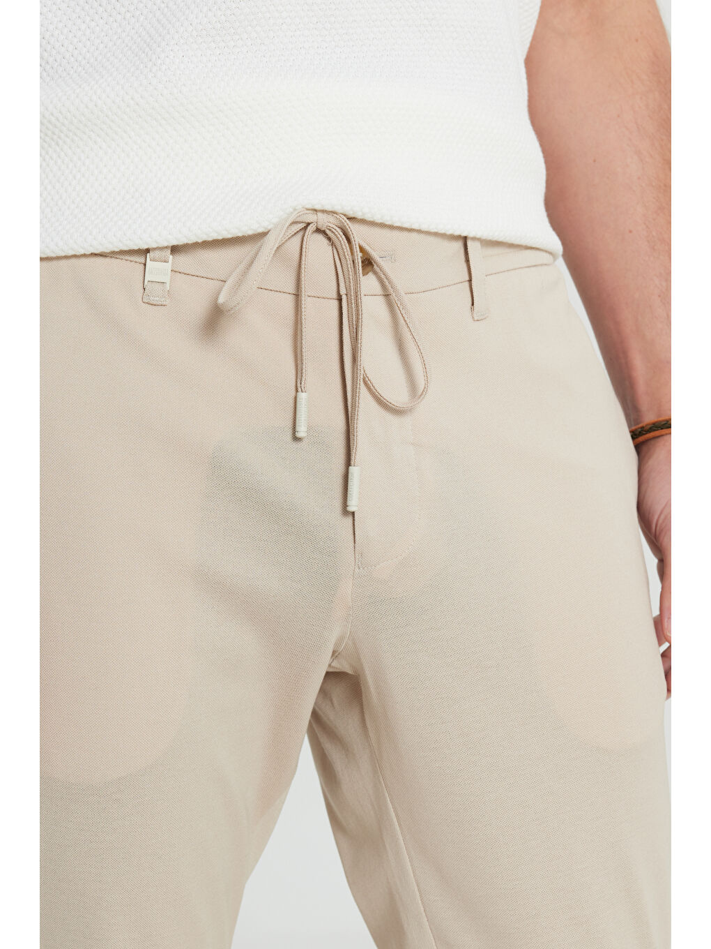 Erkek Bej Pamuklu Slim Fit Dar Kesim Beli Bağlamalı Yan Cepli Esnek Pantolon-3