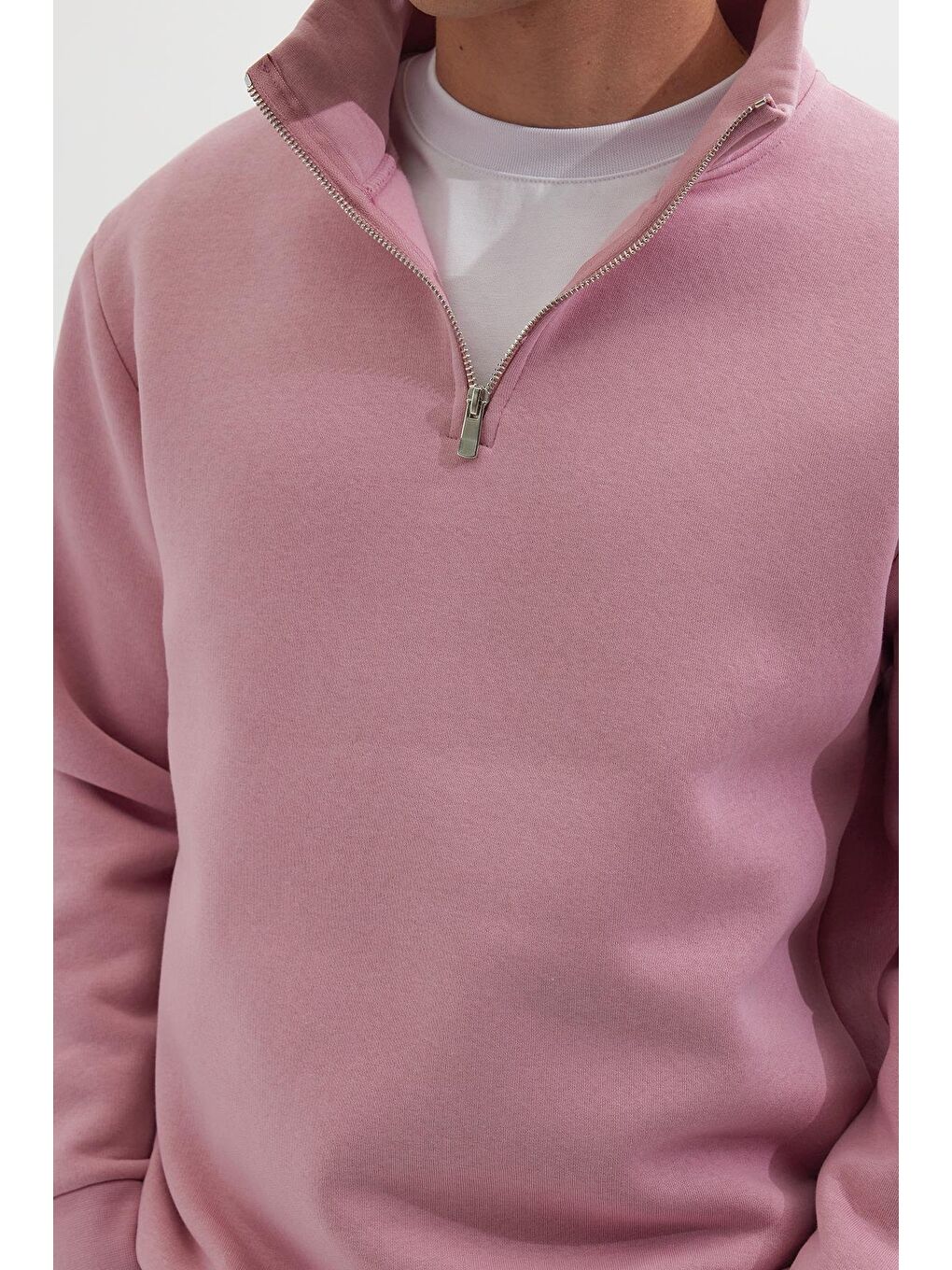 Unisex Relax Fit Rahat Kesim Pamuklu İçi Polarlı Yarım Fermuarlı Lila Dik Yaka Sweatshirt-2