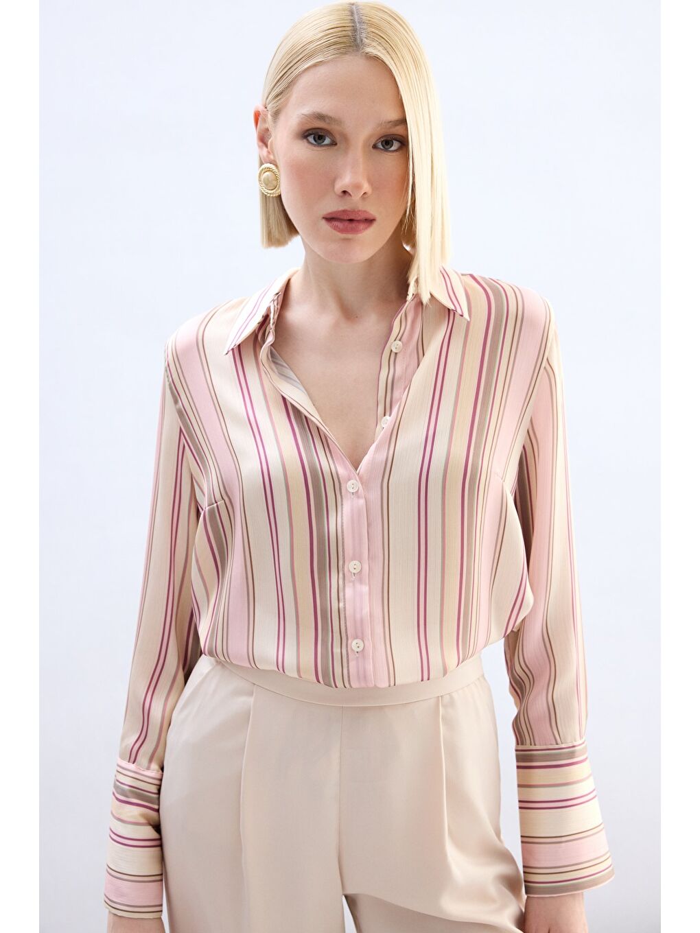 Pembe Renkli Çizgili Gömlek - Pudra-3