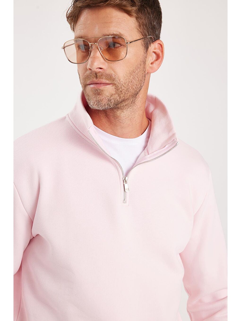 Unisex Relax Fit Rahat Kesim Pamuklu İçi Polarlı Yarım Fermuarlı Pembe Dik Yaka Sweatshirt-1