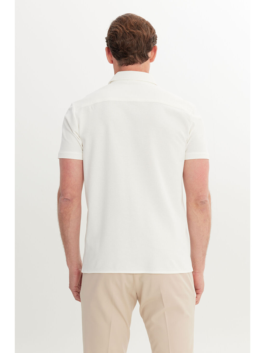 Erkek Ekru Pamuklu Slim Fit Dar Kesim Gömlek Yaka Jakarlı Esnek Örme Gömlek-5