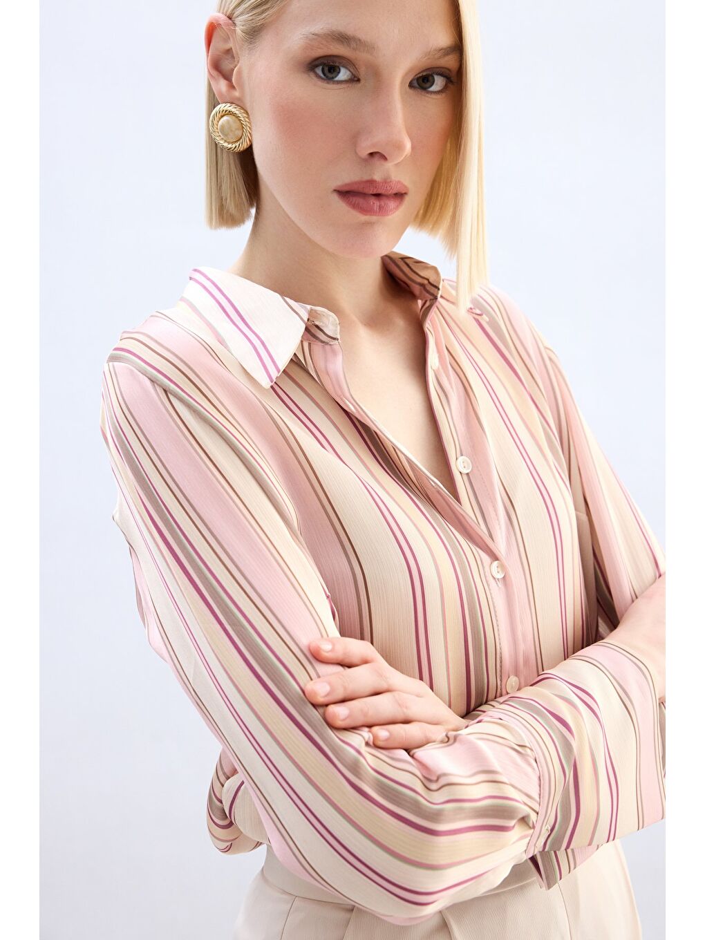 Pembe Renkli Çizgili Gömlek - Pudra-4