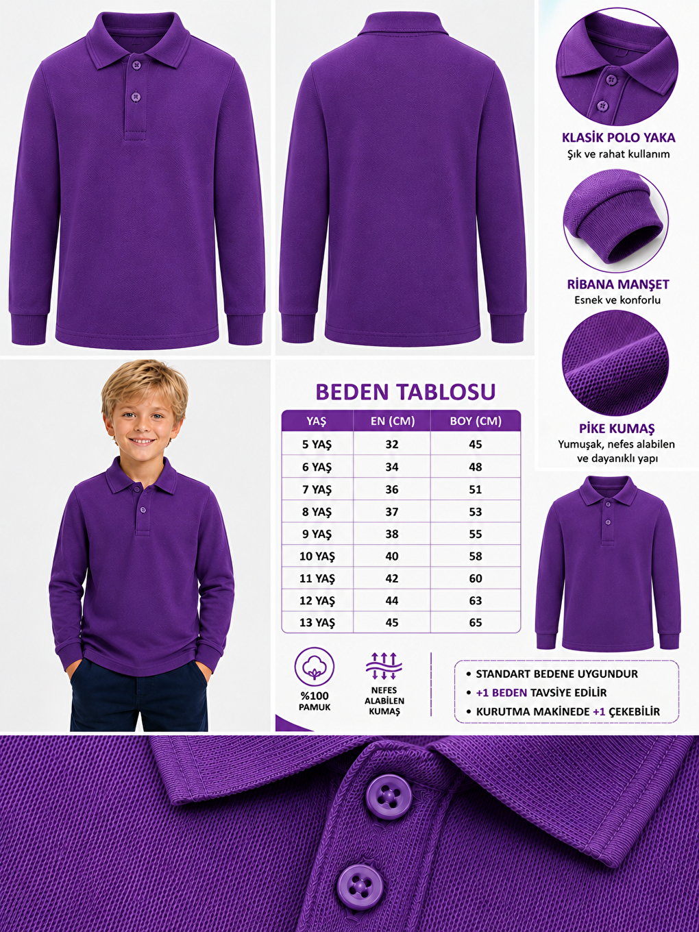 Mor Kids Polo Yaka Basic Uzun Kollu Unisex Erkek Çocuk Tişört-1