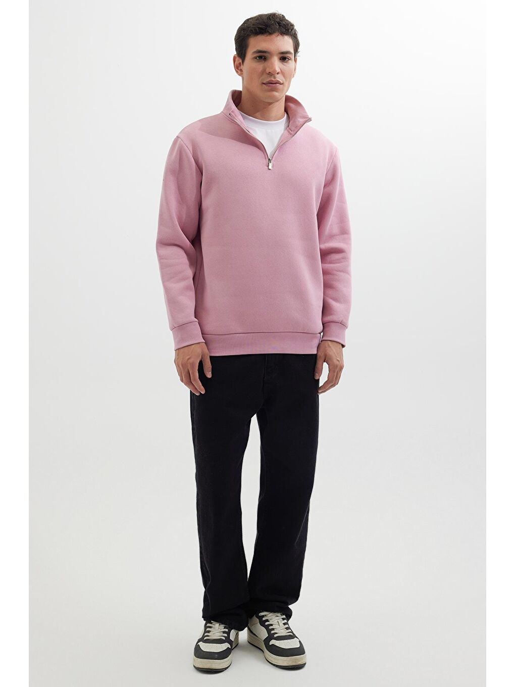Unisex Relax Fit Rahat Kesim Pamuklu İçi Polarlı Yarım Fermuarlı Lila Dik Yaka Sweatshirt-3