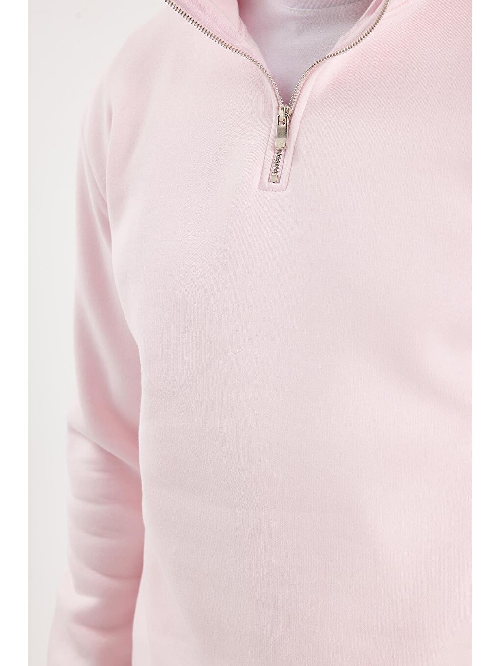 Unisex Relax Fit Rahat Kesim Pamuklu İçi Polarlı Yarım Fermuarlı Pembe Dik Yaka Sweatshirt-2
