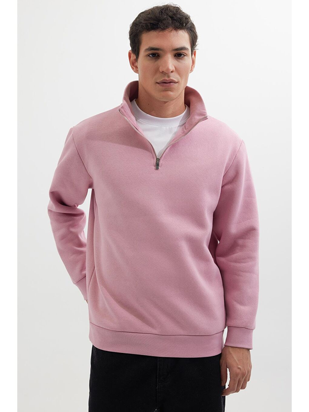 Unisex Relax Fit Rahat Kesim Pamuklu İçi Polarlı Yarım Fermuarlı Lila Dik Yaka Sweatshirt-4