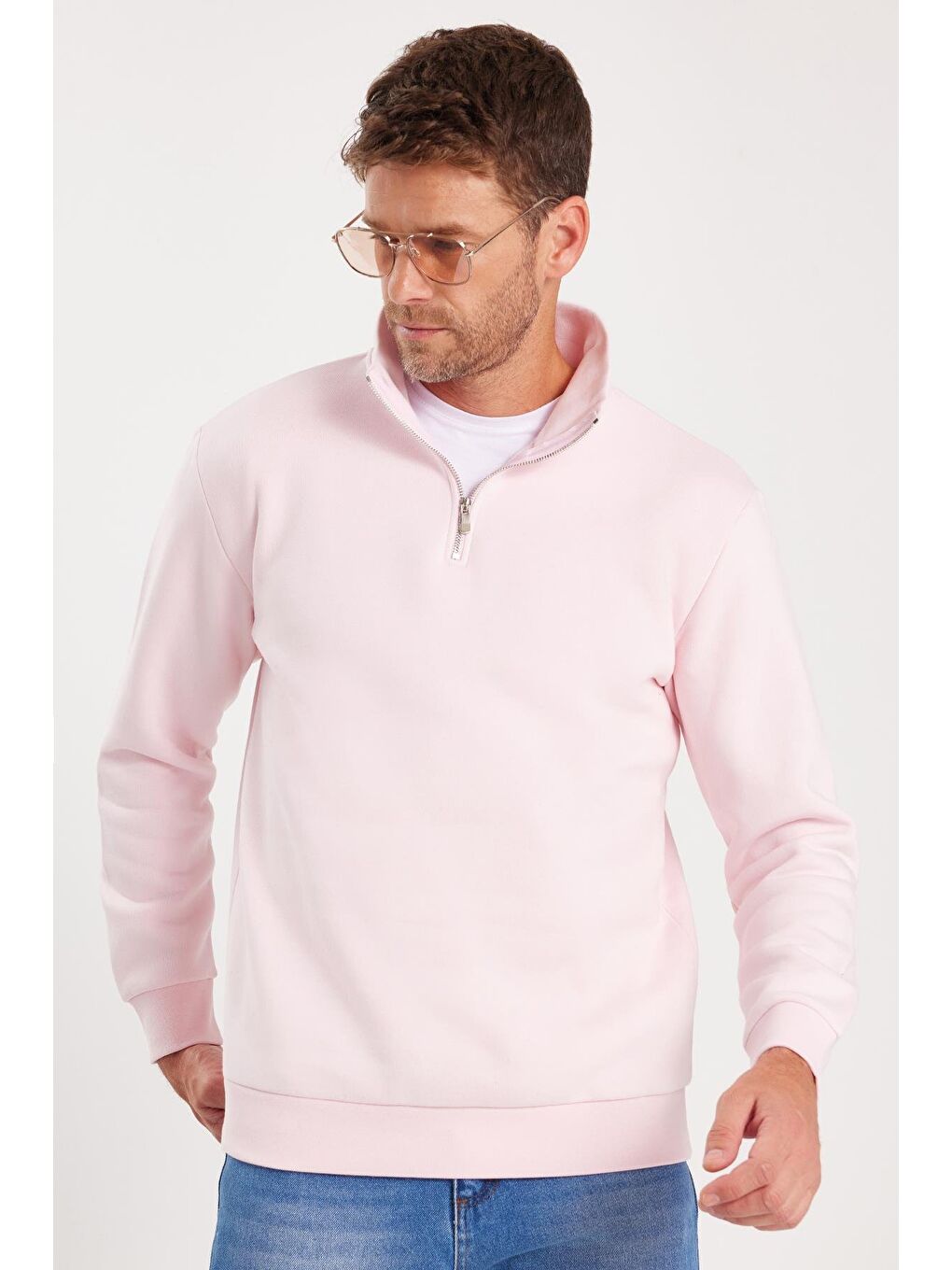 Unisex Relax Fit Rahat Kesim Pamuklu İçi Polarlı Yarım Fermuarlı Pembe Dik Yaka Sweatshirt-3