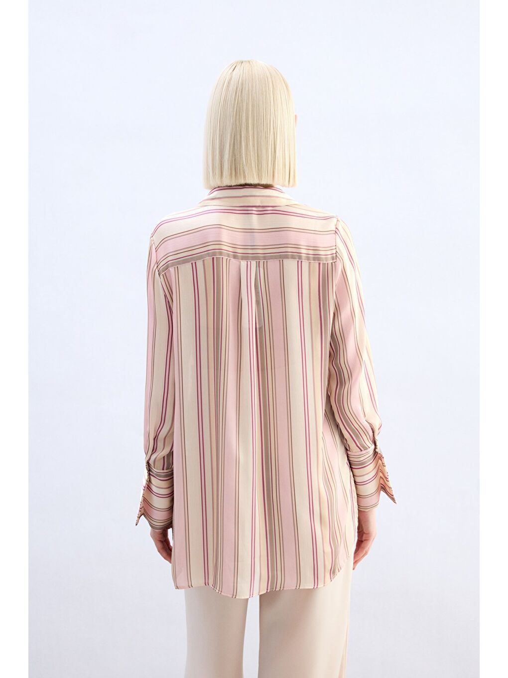 Pembe Renkli Çizgili Gömlek - Pudra-5