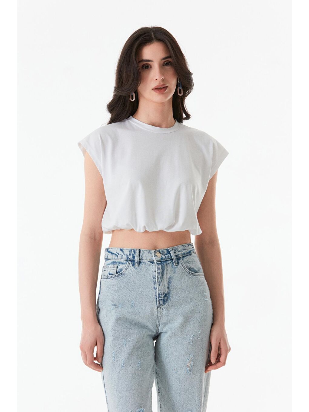 Beyaz Basic Bisiklet Yaka Stoperli Crop Tişört-3