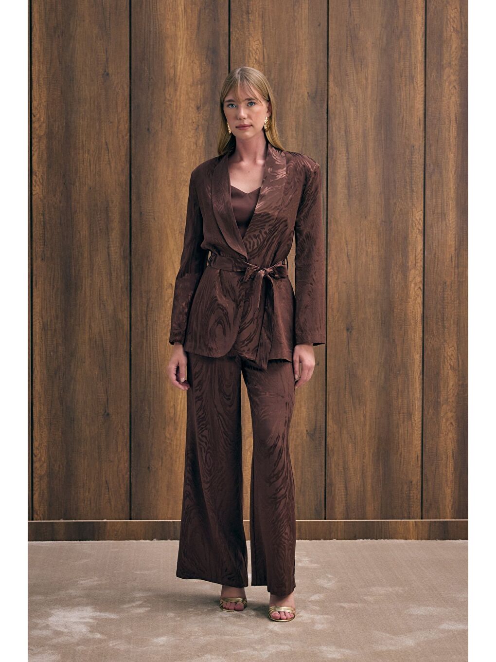 Kahverengi Yüksek Bel Desenli Pantolon - Kahve-5