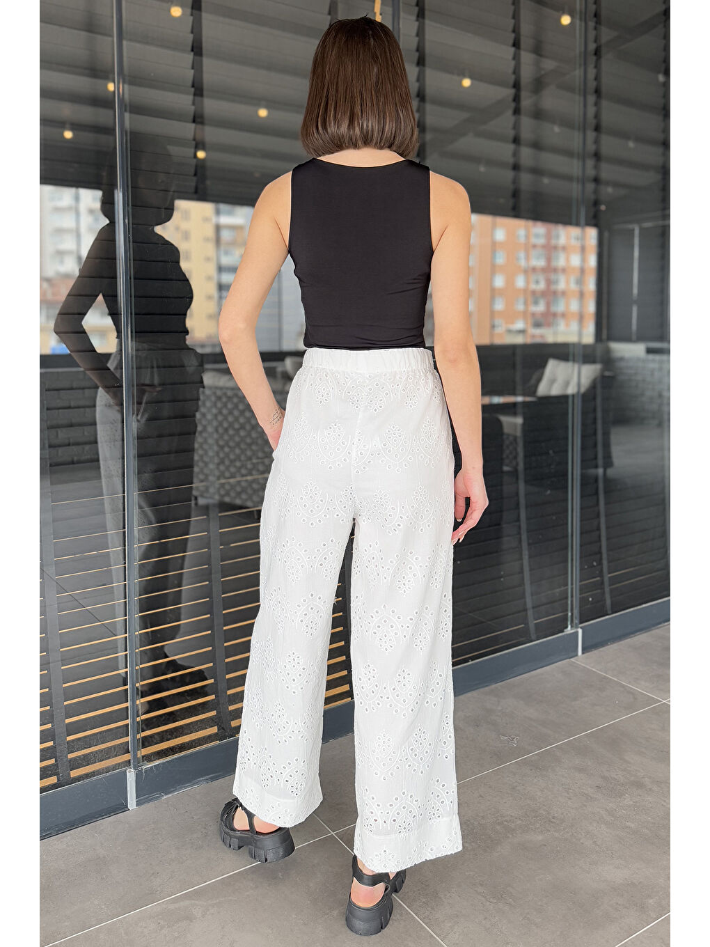 Ekru Kadın Yüksek Bel Fistolu Bel Lastikli Kuşaklı Pantolon-5