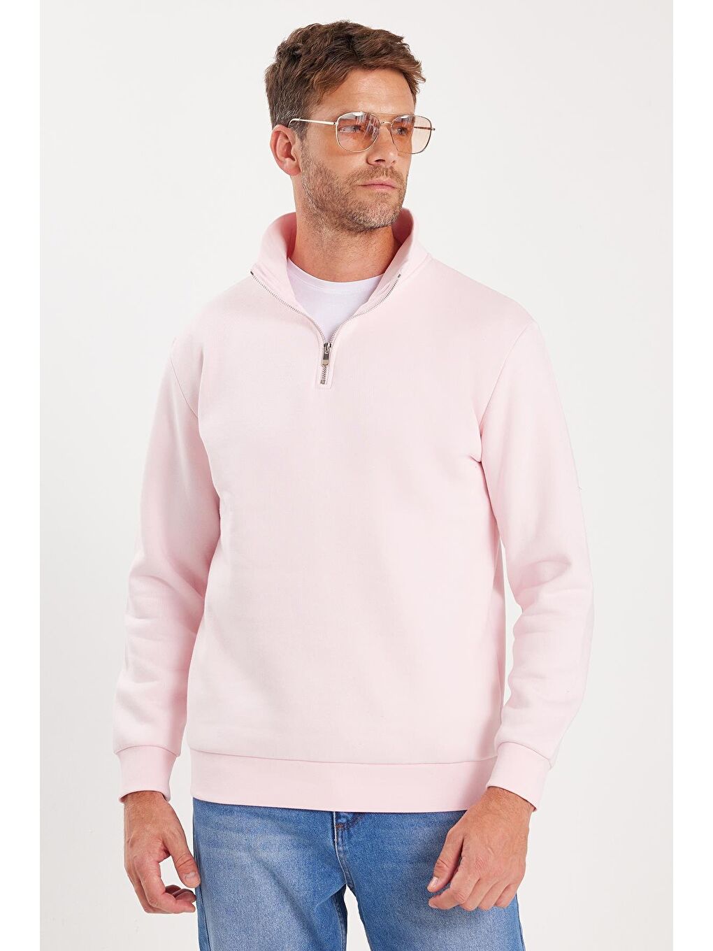 Unisex Relax Fit Rahat Kesim Pamuklu İçi Polarlı Yarım Fermuarlı Pembe Dik Yaka Sweatshirt-4