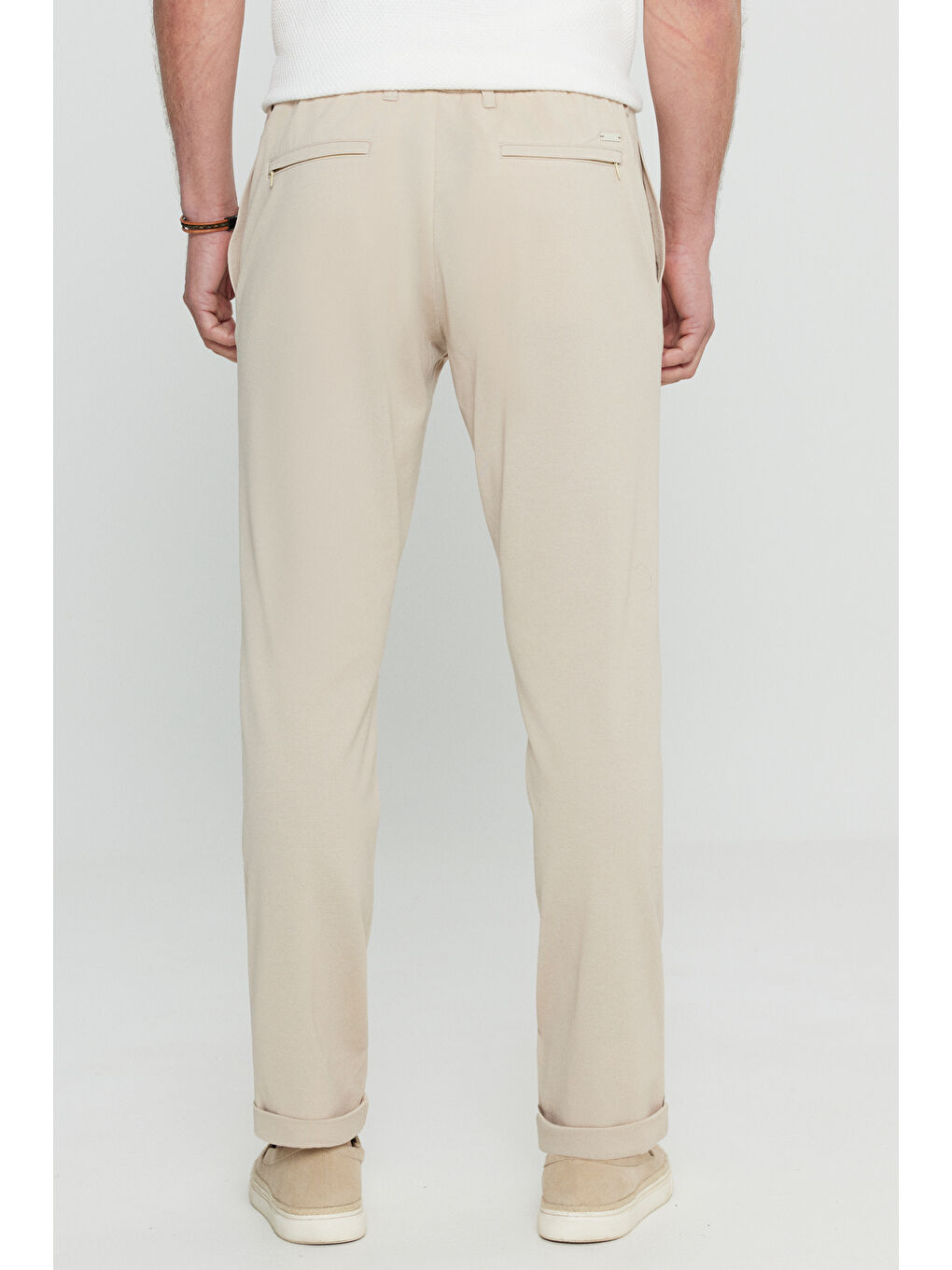 Erkek Bej Pamuklu Slim Fit Dar Kesim Beli Bağlamalı Yan Cepli Esnek Pantolon-4