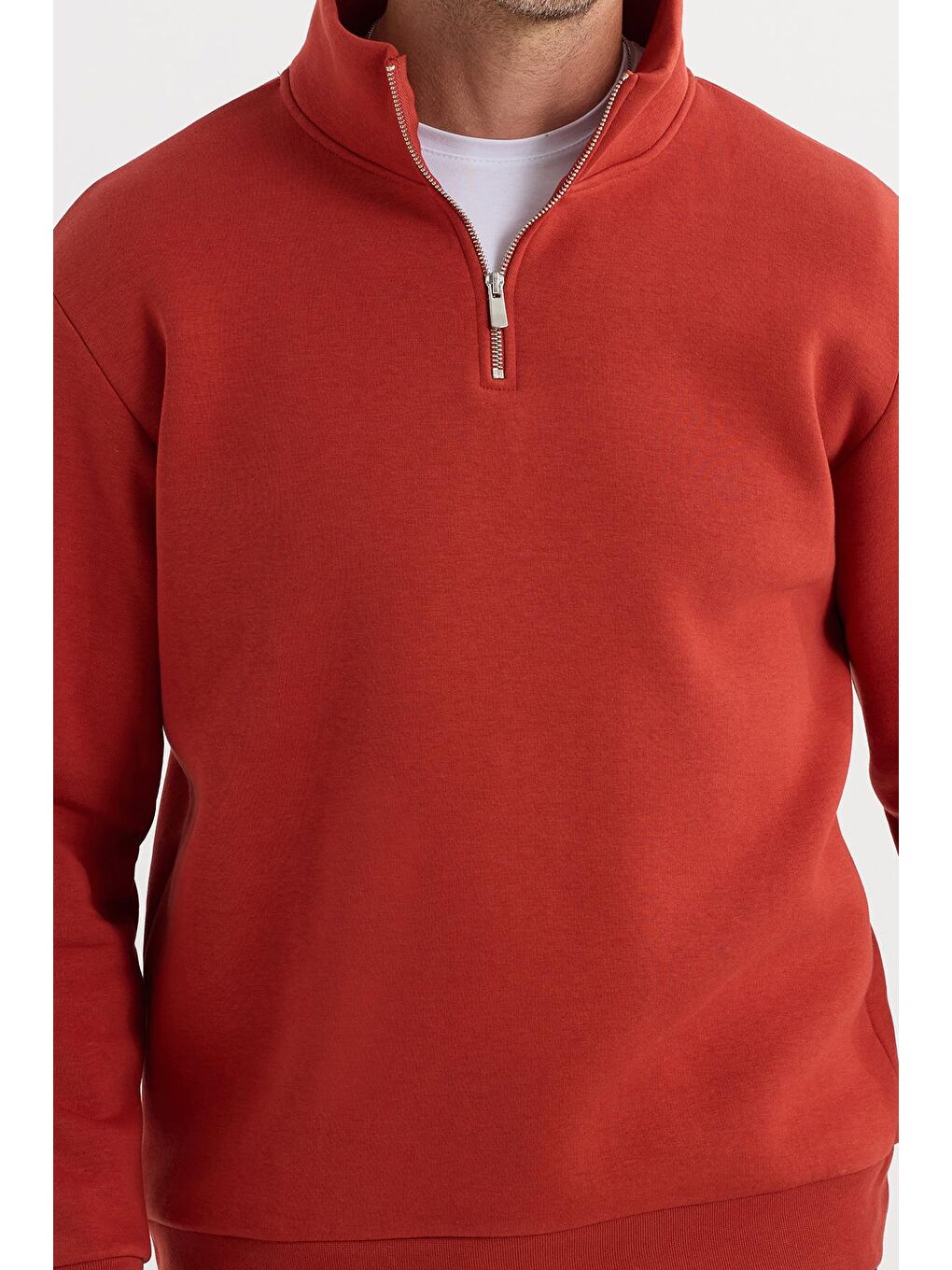 Unisex Relax Fit Rahat Kesim Pamuklu İçi Polarlı Yarım Fermuarlı Kırmızı Dik Yaka Sweatshirt-2