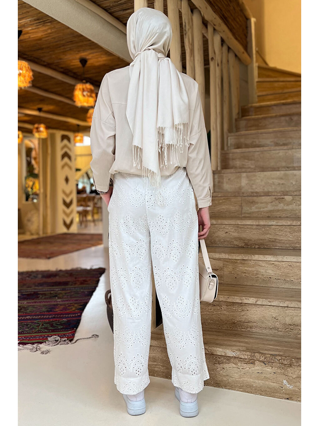 Ekru Kadın Yüksek Bel Fistolu Bel Lastikli Kuşaklı Pantolon-6