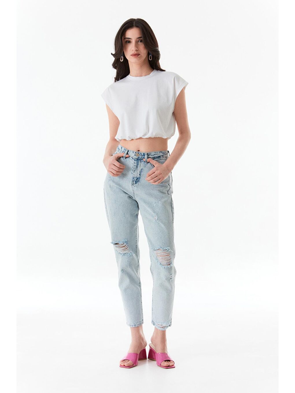 Beyaz Basic Bisiklet Yaka Stoperli Crop Tişört-4