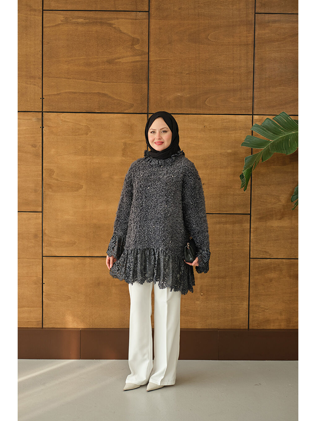 Kadın Dantel Detay Pelüş Tunik Antrasit-1