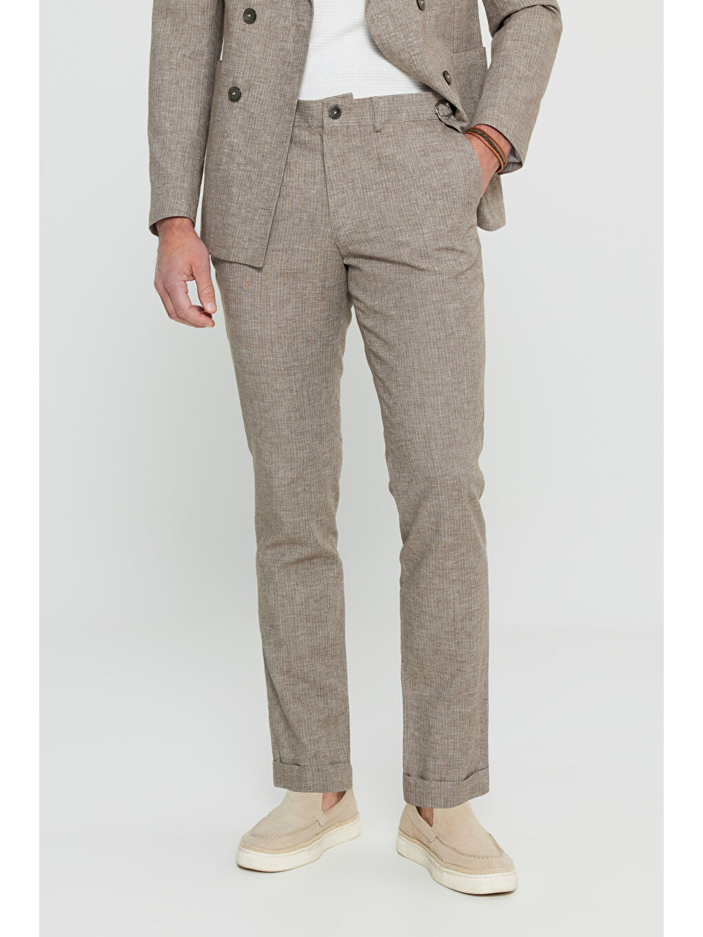 Erkek Kahverengi Keten Slim Fit Dar Kesim Kırlangıç Yaka Çizgili Torba Cepli Kruvaze Takım Elbise-6