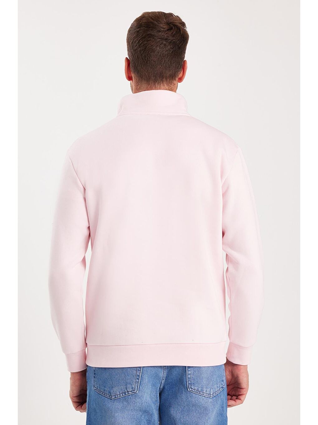 Unisex Relax Fit Rahat Kesim Pamuklu İçi Polarlı Yarım Fermuarlı Pembe Dik Yaka Sweatshirt-6