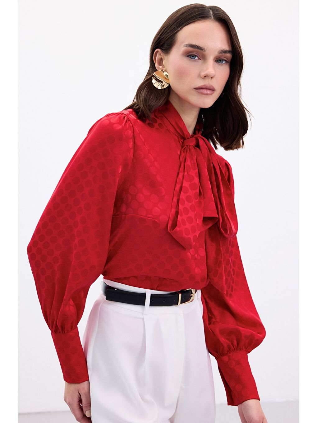 Puantiye Desenli Gömlek - Kırmızı-4