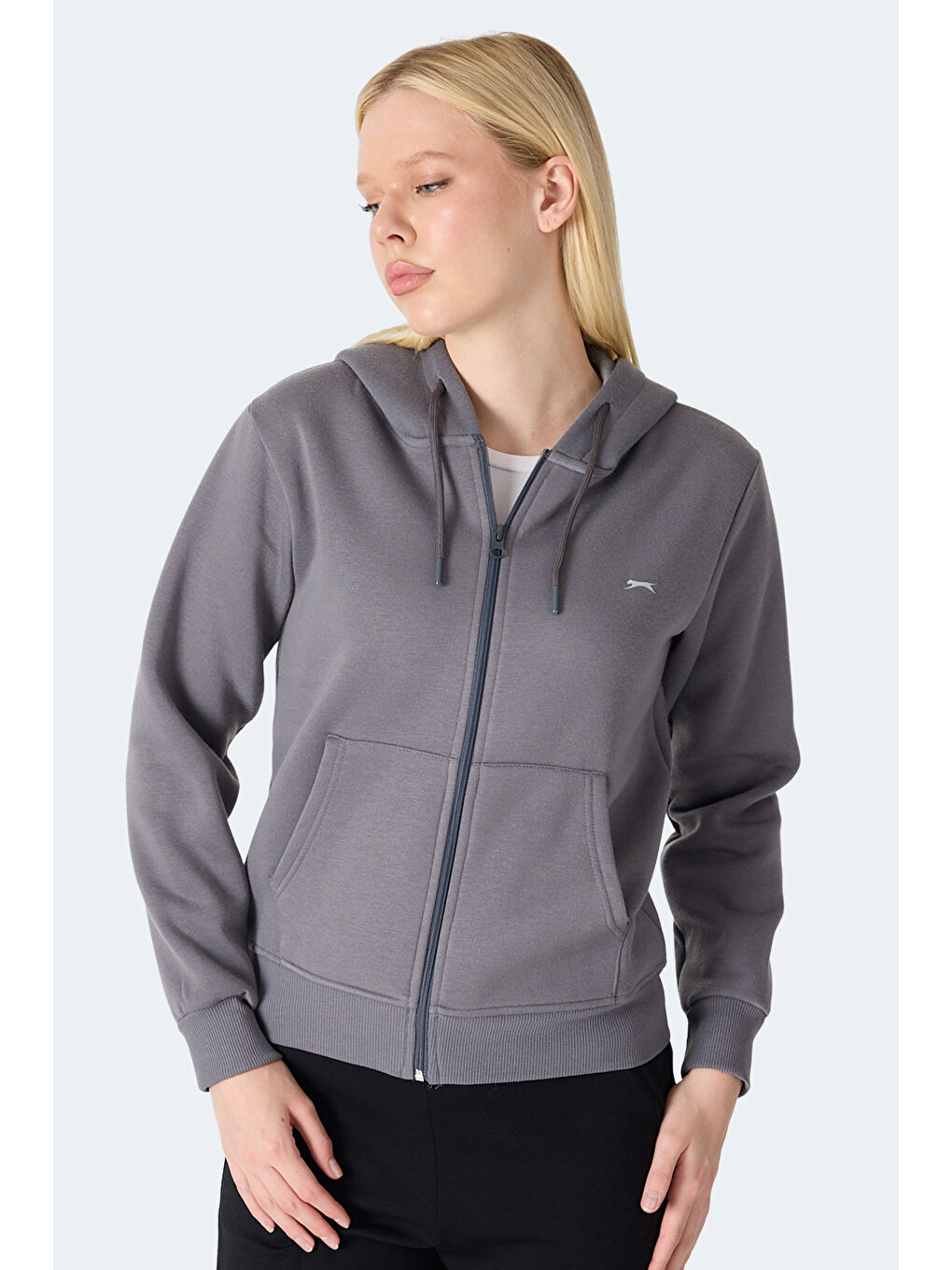 MILIO I Kadın Fermuarlı Kapüşonlu Cepli Gri Sweatshırt
