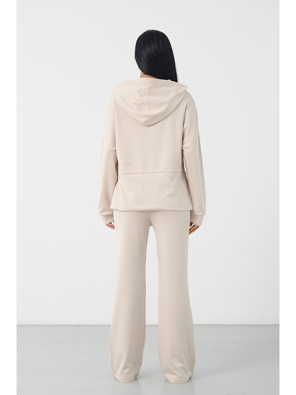 Bej Taş Kadın Kapüşonlu Salaş Takım Oversize Sweat ve Geniş Paça Alt-6