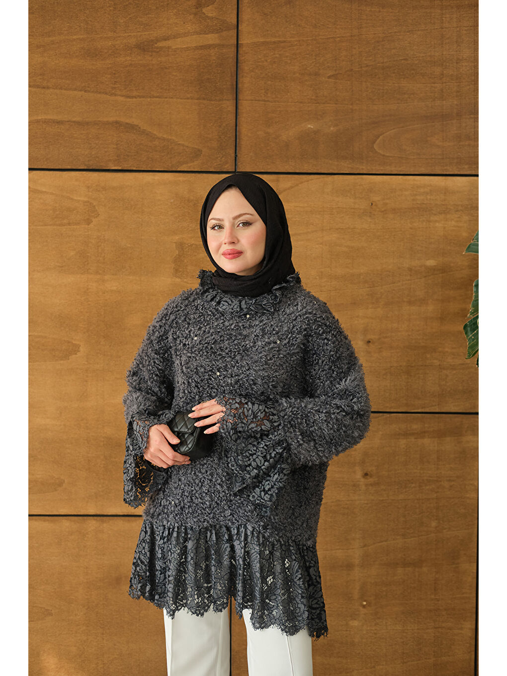 Kadın Dantel Detay Pelüş Tunik Antrasit-2
