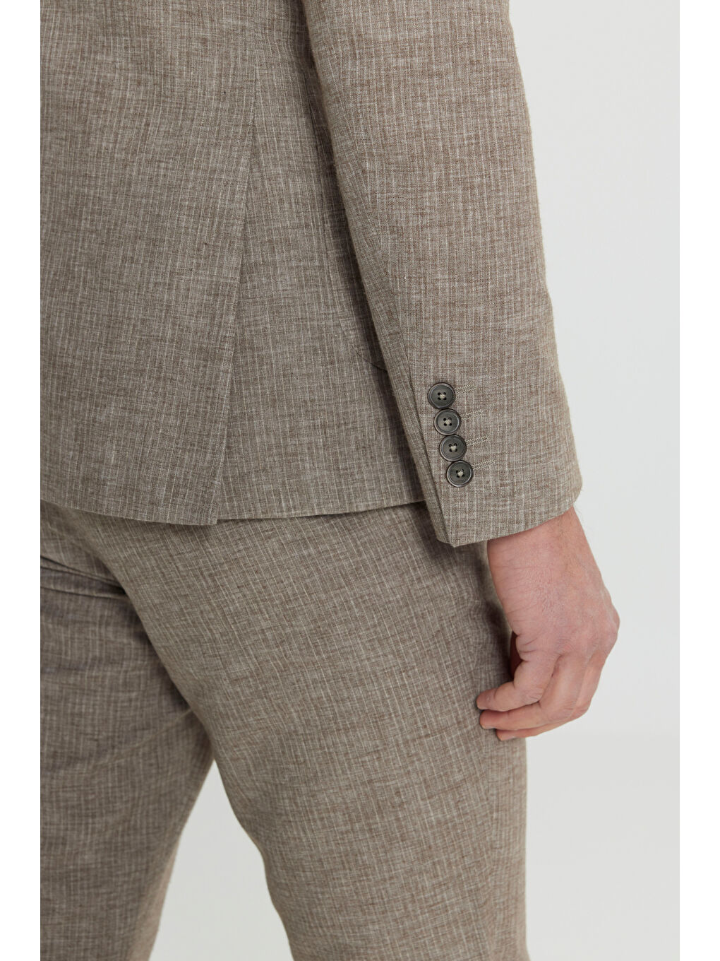 Erkek Kahverengi Keten Slim Fit Dar Kesim Kırlangıç Yaka Çizgili Torba Cepli Kruvaze Takım Elbise-7