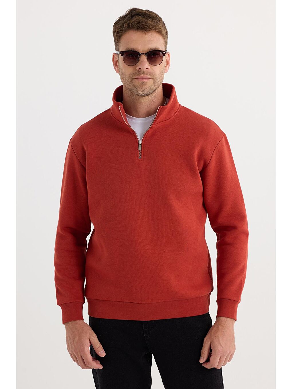 Unisex Relax Fit Rahat Kesim Pamuklu İçi Polarlı Yarım Fermuarlı Kırmızı Dik Yaka Sweatshirt-4